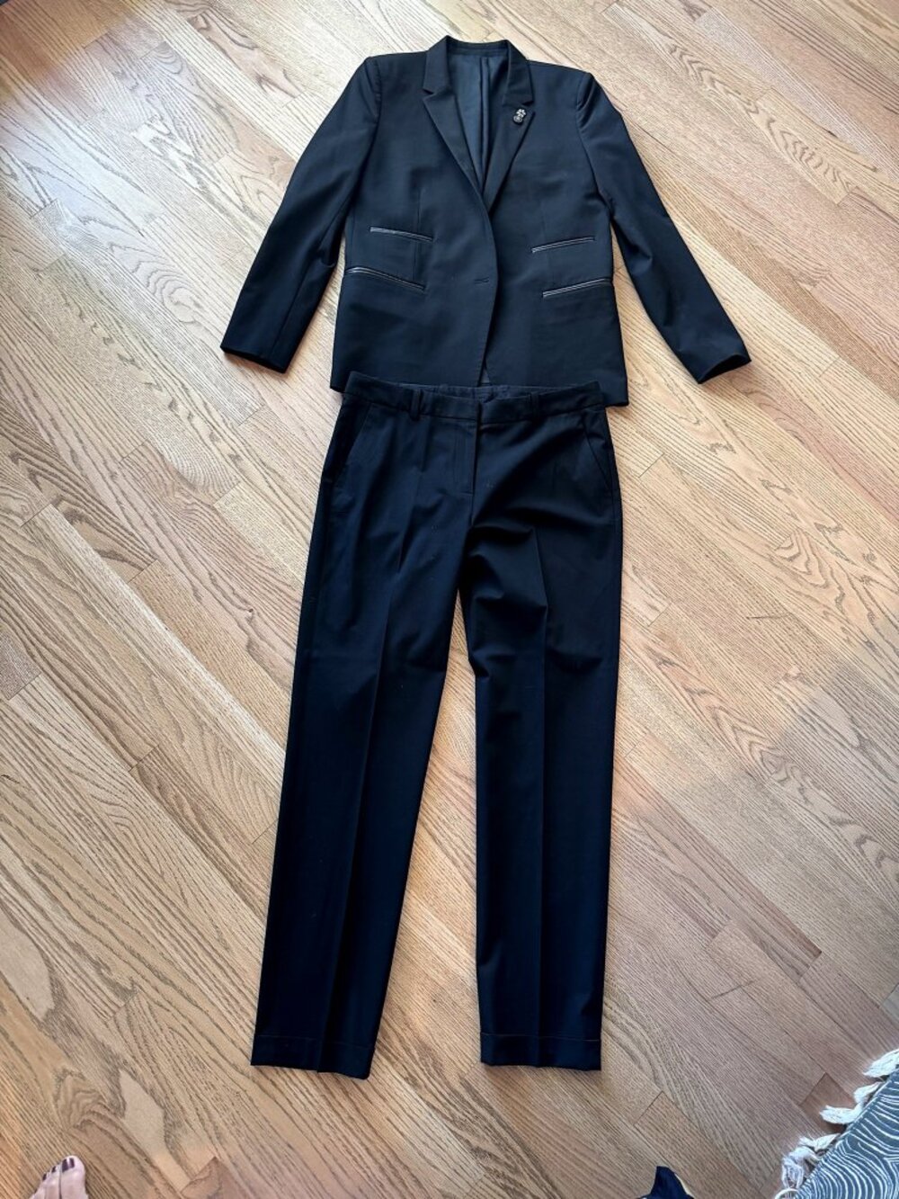 The Kooples Black Blazer & Cuffed Trouser Suit Jeweled Buttons Leather Trim 38